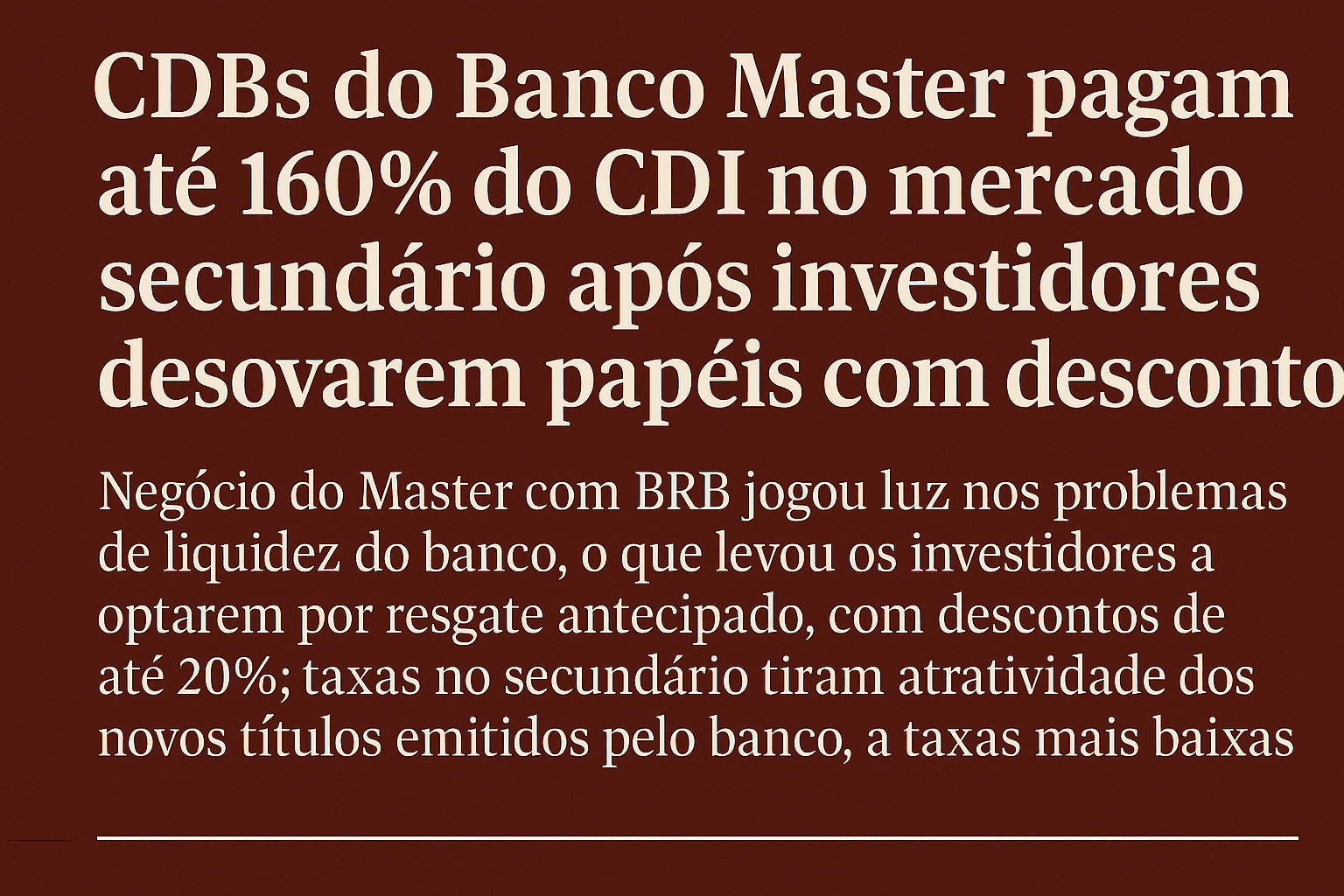 CDBs do Banco Master chegam a 160% do CDI no mercado secundário em meio a crise de liquidez e desconfiança de investidores