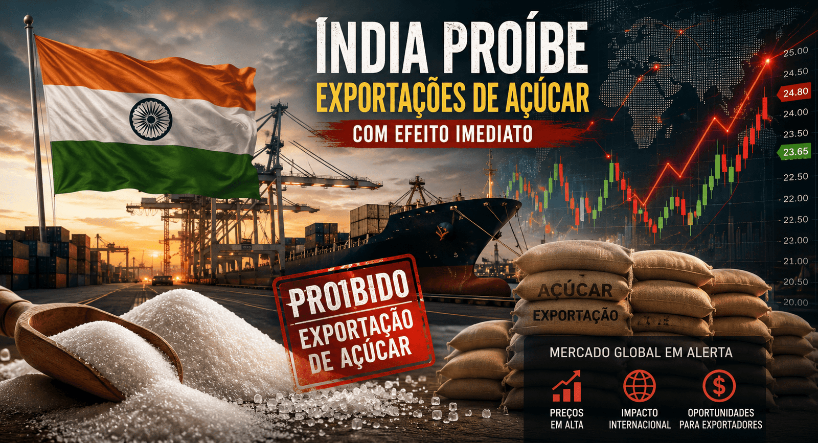 Índia bloqueia exportações de açúcar e mercado global entra em alerta para possível disparada nos preços