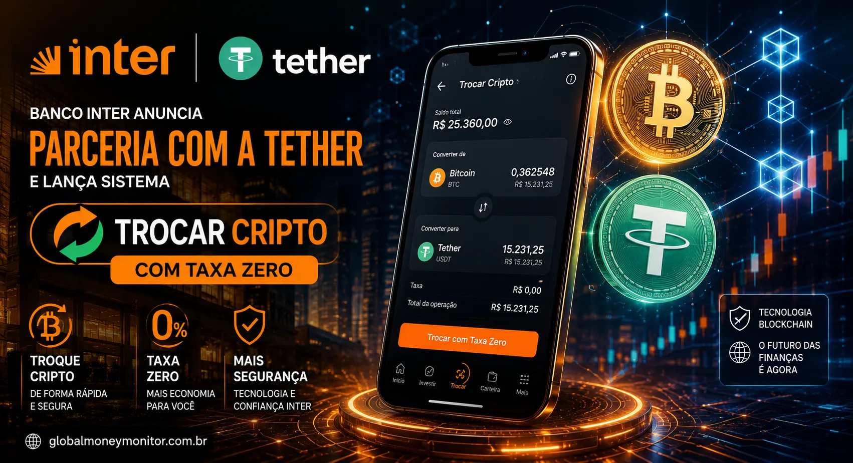 Banco Inter aposta forte no mercado digital com parceria inédita da Tether e função ‘Trocar Cripto’ sem taxa